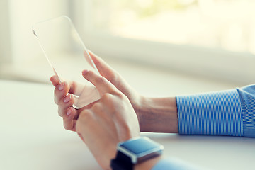 Image showing close up of hands with smart phone and watch