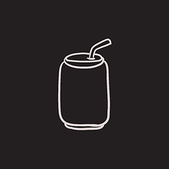 Image showing Soda can with drinking straw sketch icon.