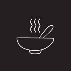 Image showing Bowl of hot soup with spoon sketch icon.