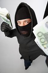 Image showing Burglar in black mask holds banknotes