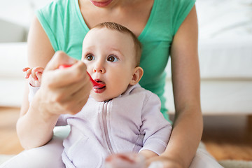 Image showing mother with spoon feeding little baby at home