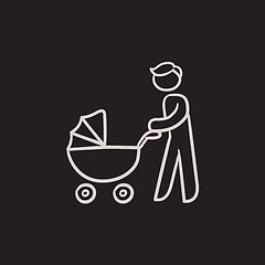 Image showing Man walking with baby stroller sketch icon.