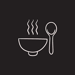 Image showing Bowl of hot soup with spoon sketch icon.