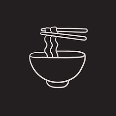 Image showing Bowl of noodles with pair chopsticks sketch icon.