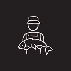 Image showing Fisherman with big fish sketch icon.