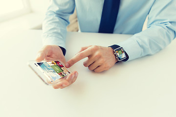 Image showing close up of hands with smart phone and watch