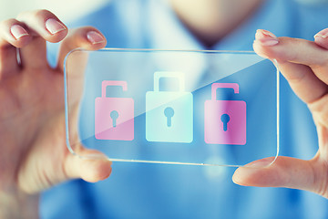 Image showing close up of woman with transparent smartphone