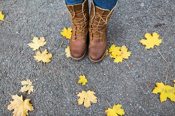 Image showing female feet in boots and autumn leaves