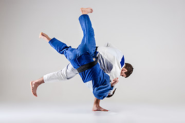 Image showing The two judokas fighters fighting men