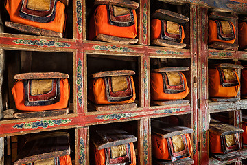 Image showing Old manuscripts folios in library of Thiksey Monastery. Ladak