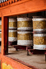 Image showing Buddhist prayer wheels in Hemis monstery. Ladakh, India