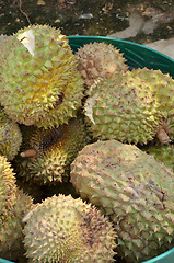 Image showing Group of durian in the market.