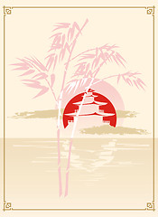 Image showing Japan Pagoda, Bamboo and Sun