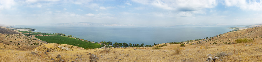 Image showing Lake Kinneret at dawn (panorama) 