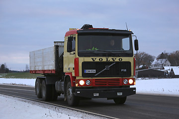 Image showing Retro Volvo F12 Tipper Truck on a Winter Night