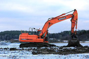 Image showing Doosan Excavator at Work in Winter