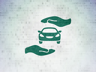 Image showing Insurance concept: Car And Palm on Digital Data Paper background