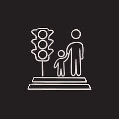 Image showing Parent and child crossing the street sketch icon.