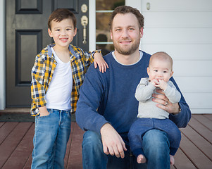 Image showing Mixed Race Father and Sons on Front Porch