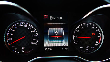 Image showing Modern car speedometer. Close up shot of the dashboard