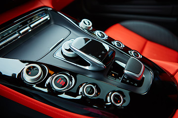 Image showing Detail of modern car interior, gear stick