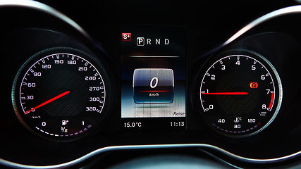 Image showing Modern car speedometer. Close up shot of the dashboard