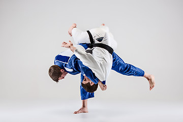 Image showing The two judokas fighters fighting men