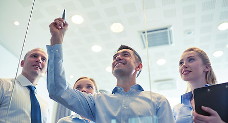 Image showing smiling business people with marker and stickers