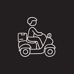 Image showing Man carrying goods on bike sketch icon.