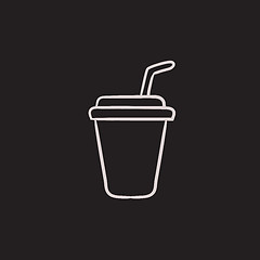 Image showing Disposable cup with drinking straw sketch icon.