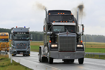 Image showing Classic Black Kenworth 900W Truck In Convoy