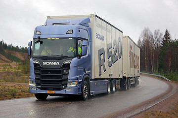 Image showing New Next Generation Scania R520 Trailer Truck on Rainy Road