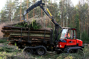 Image showing Komatsu Forwarder at Work in Forest