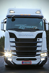 Image showing Next Generation Scania Truck with Shining Headlights