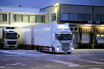 Image showing Big White Refrigerated Cargo Truck At Warehouse in Winter