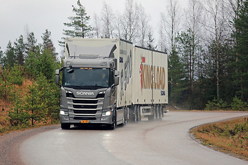 Image showing New Next Generation Scania R500 Trailer Truck on the Rainy Road 