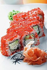 Image showing California roll with crab and tobico closeup