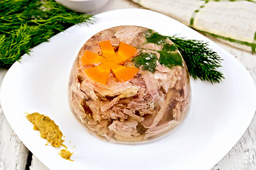 Image showing Jellied in plate with mustard and dill on board