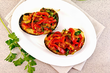 Image showing Bruschetta with vegetables in plate on table top