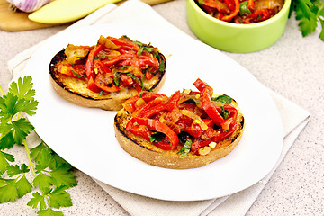 Image showing Bruschetta with vegetables in plate on table