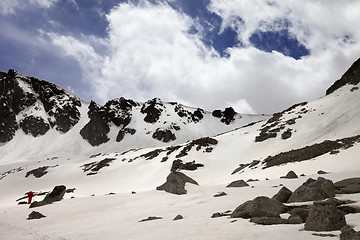 Image showing Snow mountain and blue sky with clouds at spring day