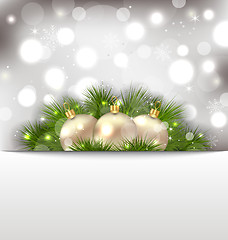 Image showing Merry Christmas postcard with fir branches and golden balls