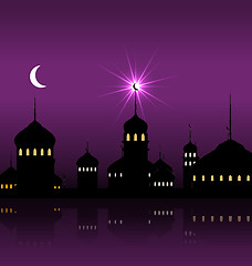 Image showing Ramadan Kareem Night Background with Silhouette Mosque and Minarets