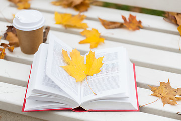 Image showing open book and coffee cup on bench in autumn park