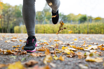 Image showing close up of young woman running in autumn park