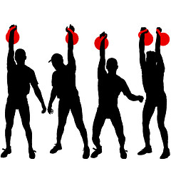 Image showing Set silhouette muscular man holding kettle bell.  illustration.