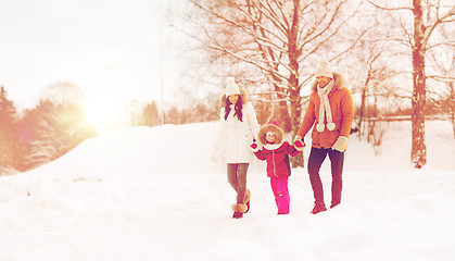 Image showing happy family in winter clothes walking outdoors