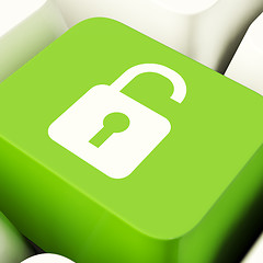 Image showing Unlocked Padlock Computer Key In Green Showing Access Or Protect
