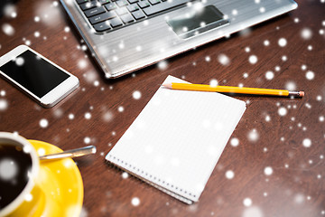 Image showing notebook with pencil, smartphone and laptop