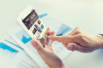 Image showing close up of woman with transparent smartphone